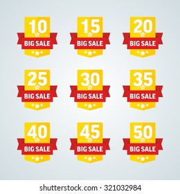Big sale 10-50 percent yellow badge with red ribbon. Vector illustration.