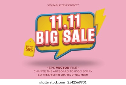 Big sale 11.11 text effect 3d colorful vector for social media sales or advertising
