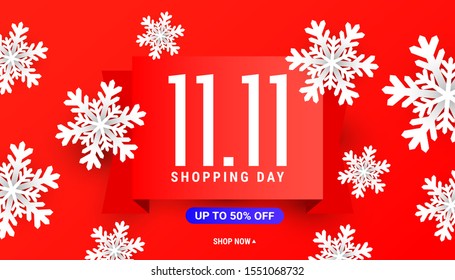 Big sale 11.11 vector discount template with 3d white snowflakes on red background. Vector illustration
