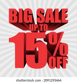 Big sale 15% discount, banner template with 3d text, big sale promotion special offer. vector