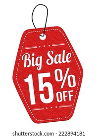 Big sale 15% off red leather label or price tag on white background, vector illustration