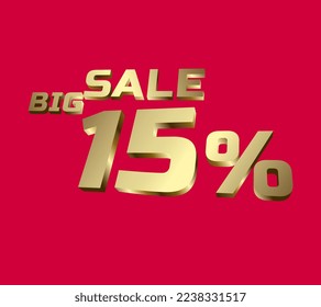 Big sale 15 percent 3Ds Letter Golden, 3Ds Level Gold color, big sales 3D, Percent on red color background, and can use as gold 3Ds letter for levels, calculated level, vector illustration.