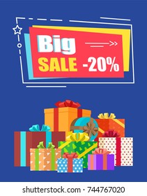 Big sale -20% off sign surrounded by frame decorated with doodles and drawn star. Vector illustration with discount clearance and surprise presents