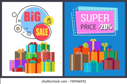 Big sale - 20% off super discounts on round and square advert labels isolated on vector posters with gift boxes in decorative wrapping, present packages
