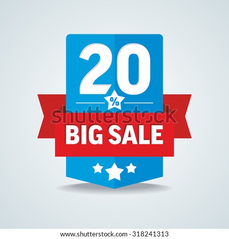 Big sale 20 percent badge with red ribbon. Vector illustration.