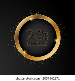 Big sale 20 percent discount in gold frame on black background, advertising design