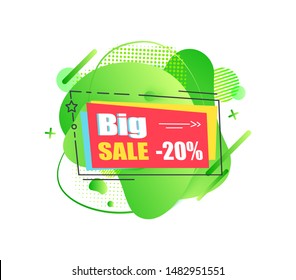 Big sale 20 percent off vector, isolated banner with star and stripe, discounts and special offers for clients and customers of shops, price cutting