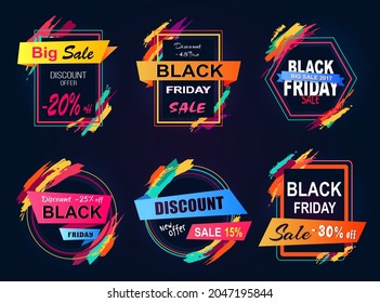 Big sale 2018, black friday and discount -25% off, stickers and labels of rectangle and rounded shapes and ribbons vector illustration on dark background