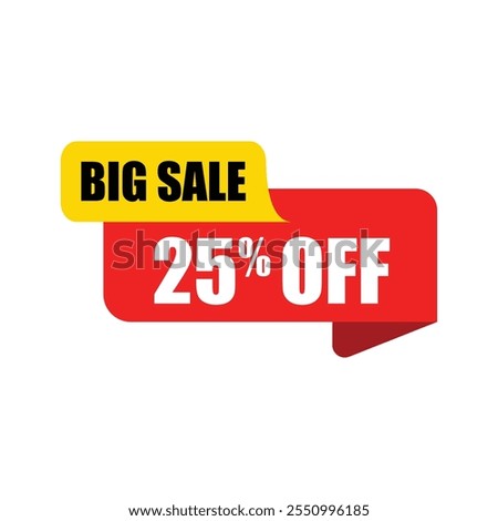 Big Sale 25% Discount vector with bold yellow and red shapes on white background. Perfect for banners, badges, labels, and ads, highlighting deals, offers, and promotions in retail and marketing.