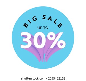 Big sale up to 30% off all sale styles in stores and online, Special offer sale 30 percent discount 3D number tag voucher vector illustration. season label summer sale coupon promo banner holiday