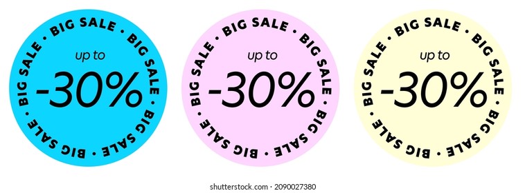 Big sale up to 30 percent off sticker stamp design. Round shape discount label badge layout offering new price with rebate vector illustration isolated on white background