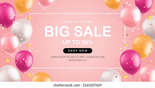 Big sale with 3d balloons, realistic pink and yellow air balloons, stars and confetti on pink background. Special offer banner, shop grand opening festive concept. Vector illustration