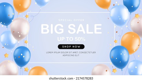 Großer Verkauf mit 3D-Ballons, realistische blaue und gelbe Luftballons, Sterne und Konfetti auf blauem Hintergrund. Sonderangebot Banner, Shop-Grand-Eröffnungskonzept. Vektorgrafik