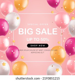 Big sale with 3d balloons, realistic pink and yellow air balloons, stars and confetti on pink background. Special offer banner, shop grand opening festive concept. Vector illustration