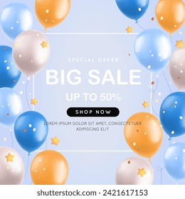 Gran venta con globos 3d, globos de aire realistas, estrellas y confeti. Banner de oferta especial, concepto festivo de tienda. Ilustración del vector