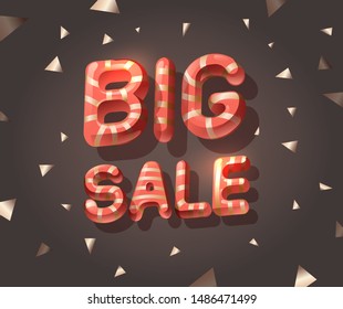 Big sale. Big 3D red letters with gold stripes on dark background. Banner ad with confetti