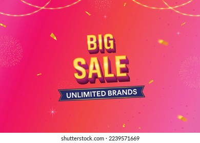 Big Sale 3D text with hanging light and golden confetti on pink background. Grand sale banner concept.