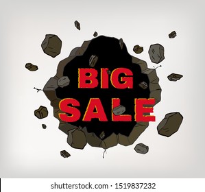 BIG SALE 3d word exploding from Broken wall in comic style, sign symbol, Vector illustration for promotion advertising.