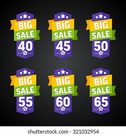 Big sale 40-65 percent purple badge. Vector illustration.