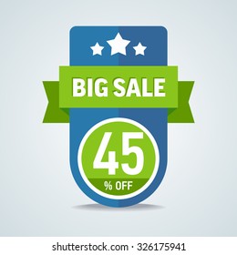 Big sale of 45 percent of the label with a green ribbon. Vector illustration.