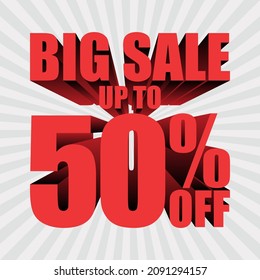 Big sale 50% discount, banner template with 3d text, big sale promotion special offer. vector