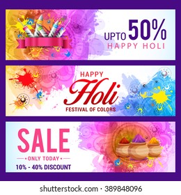 Big Sale with 50% discount and big offer with colorful floral website header or banner set for indian festival holi.