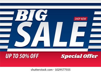 Big Sale 50 % Discount Special Offer 90's Style Cut Paper Modern Effect Shopping Creative Concept - Red and White Elements on Blue Stripes Background - Vector Graphic Design