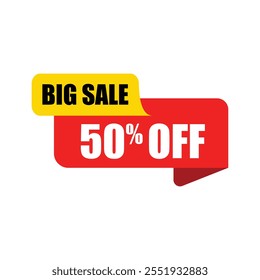 Big Sale 50% Off badge design with bold typography, vibrant colors, and dynamic elements. Perfect for e-commerce, marketing, banners, flyers, seasonal discounts, and retail promotions in vector format