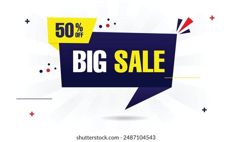 Big sale 50% off banner template design with white background and blue and yellow shapes, perfect for promoting discounts and special offers.