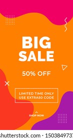 Big sale 50% off discount promotion simple social media story vertical poster template. Colorful abstract minimal fluid liquid geometric shape frame vector illustration background design