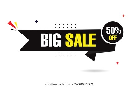 Big Sale 50% Off editable banner template with black gray gradient bold white yellow text red yellow accents and light gray background Modern vector design perfect for promotions and marketing