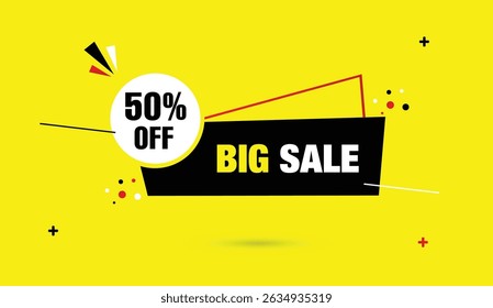 Big sale 50% off editable web banner vector illustration template design featuring black white red shapes yellow white bold text yellow abstract background best for ecommerce marketing promotion