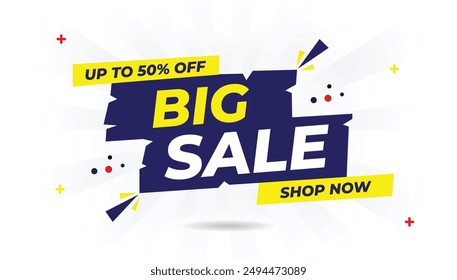 Big Sale Up to 50% Off Shop Now Banner Template with White Background, Light Yellow and Shiny Blue Shapes Eye catching Vector Art for High-Converting Promotions sale, off, up, super, shop, 50%, red