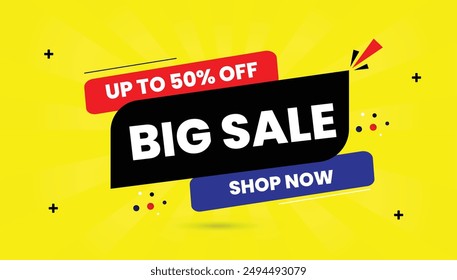 Big Sale Up to 50% Off Shop Now Banner with Yellow Background and Black, Blue, and Red Shiny Shapes Eye catching Vector Art for High Impact Promotions marketing, sale, business, offer, banner, promo