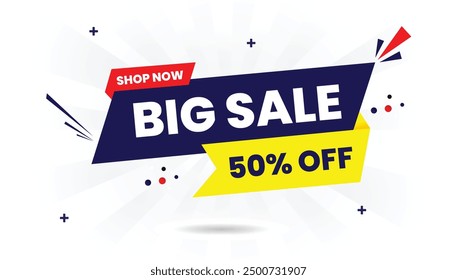 Big sale 50% off shop now banner with white background featuring bold dark blue light yellow and red bolt text elements ideal for eye catching vector art promotions