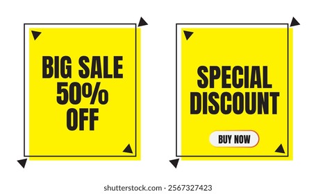 Big Sale, 50% Off, Special Discount Tag, Banner, Icon. Design Of Square Vector Banner For Special Discount Big Sales. Yellow Tag Templates With Special Offers for Purchase, Strokes And Elements.