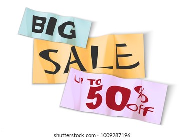 Big sale up to 50% off sticker. Isolated vector illustration. Wrinkled, crumpled paper Modern shopping card template blank design modern paper with realistic shadows creative company seal certificate 