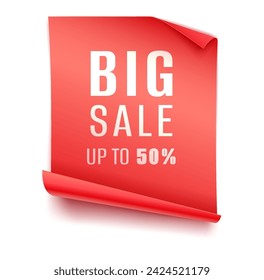 Big Sale up to 50 percent banner realistic vector illustration. Red paper sheet with retail offer for Black Friday 3d models on white background