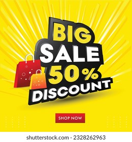 Big Sale 50 percent Discount 3d Typography, Yellow Festive background, Advertisement Template Design Vector