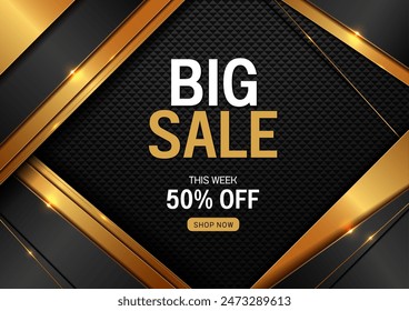 big sale 50 percent off black gold background, social media content banner template, artwork for marketing department stores, ad or product brand, sales promotion.