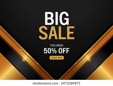 big sale 50 percent off black gold background, social media content banner template, artwork for marketing department stores, ad or product brand, sales promotion.