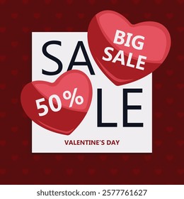 Big Sale 50% vector poster for Valentine's day with hearts