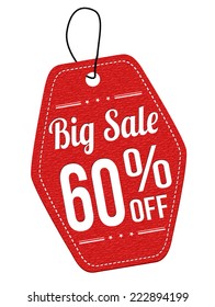 Big sale 60% off red leather label or price tag on white background, vector illustration