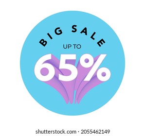 Big sale up to 65% off all sale styles in stores and online, Special offer sale 65 percent discount 3D number tag voucher vector illustration. season label summer sale coupon promo banner holiday