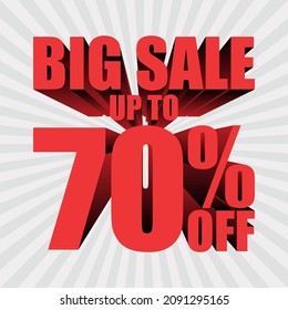 Big sale 70% discount, banner template with 3d text, big sale promotion special offer. vector