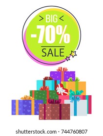 Big sale -70% off promotion on white background. Vector illustration with discount clearance and gift boxes in festive wrapping paper