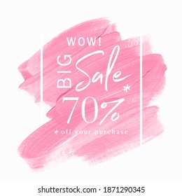 BIG SALE 70% off sign over pink  make up art paint abstract background vector. Perfect watercolor design for a shop discount banner.