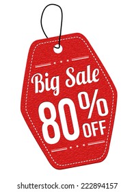 Big sale 80% off red leather label or price tag on white background, vector illustration