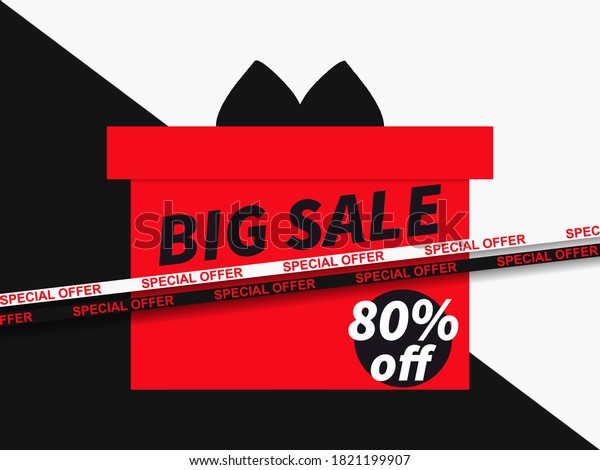 Big sale 80% off. Sale tape ribbon and gift\
box on background divided diagonally into black and white color.\
Black friday. Design for promotional items, coupon and gift cards.\
Vector illustration