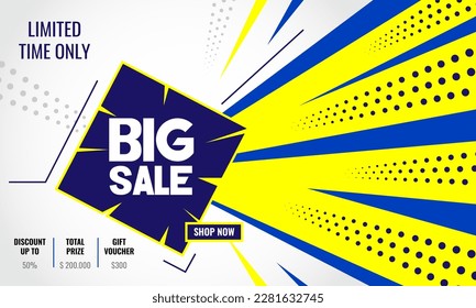 Big sale with abstract shape blue and yellow background, up to 50% off. Discount promotion layout banner template design. Vector illustration